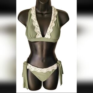 CupShe Olive Green Lace Trim Bikini Sz S